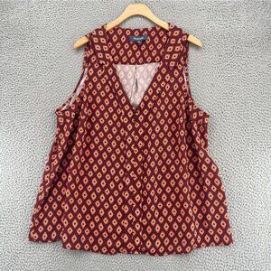 ModCloth 2X Plus Brown Pattern Sleeveless Collared V Neck Blouse Pullover Casual